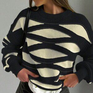 Black Casual Women's Round Neck Wave Stripe Color Long-Sleeved Knit Sweater